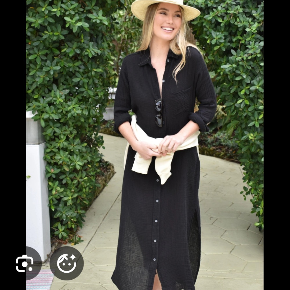 NEW Felicite boyfriend Maxi Dress 100% Gauze Cotton black shirtdress Resort
